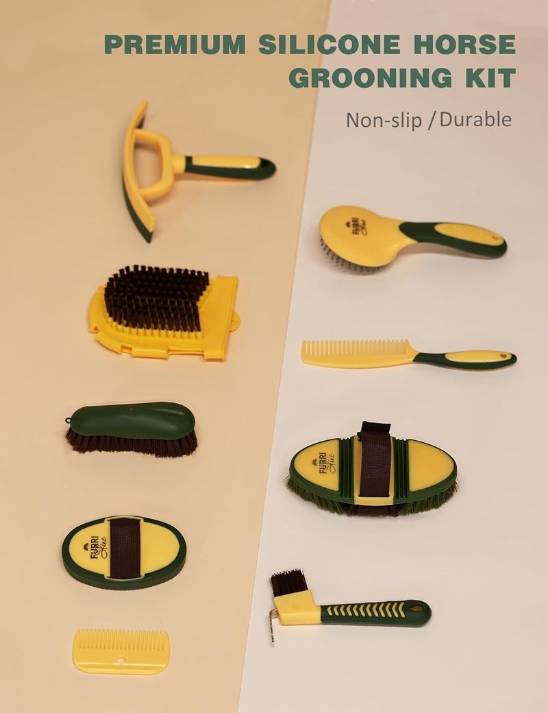 Furrishine 11PCS Horse Grooming Kit Curry Comb Sweat Scraper Horse Bathing Supplies Grooming Tools with Storage Bag Pasture Glow - Image 3
